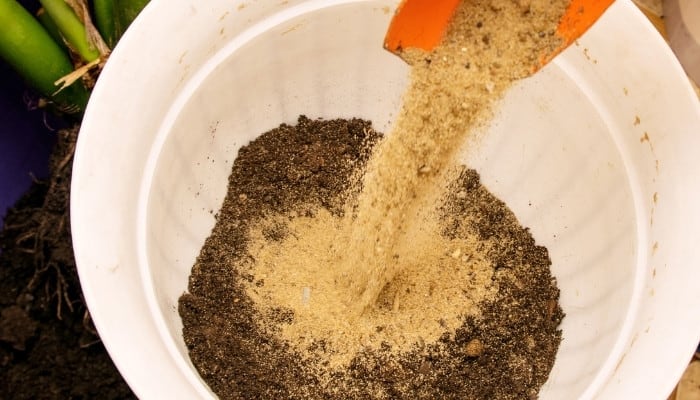 Sand being poured into a pot to be mixed with soil prior to planting.