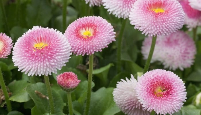 Cute pink pom-pom flowers of the English daisy plant.