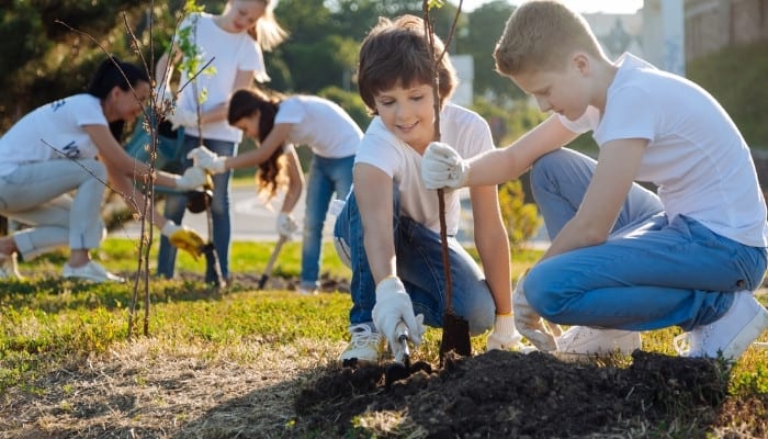 A group of children planting young fruit trees together.