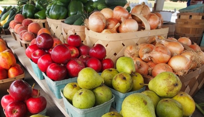 Assorted fruits and vegetables in baskets at a roadside produce stand.