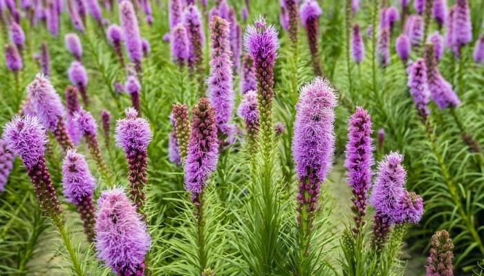 Tall spikes of purple flowers on marsh blazing star plants.