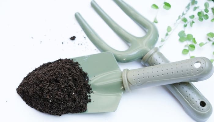 A small garden fork and shovel with worm castings.