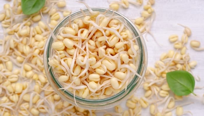 A jar full of bean sprouts with some on the table as well.