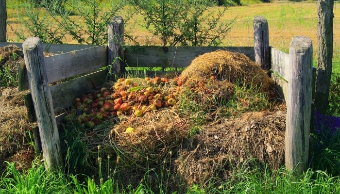 A large compost pile with sides made of wood slats.