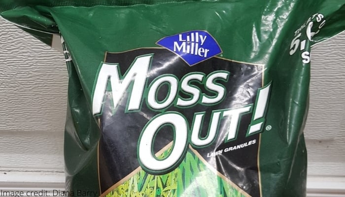 The top portion of a bag of Lilly Miller Moss Out! for lawns.
