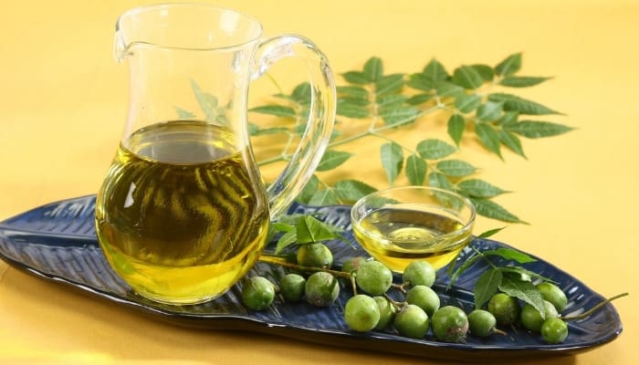 A jar of neem oil beside neem leaves and berries on a tray.