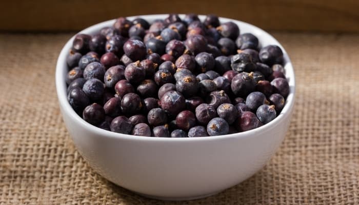 Fresh elderberries in a white bowl on a burlap-covered table.