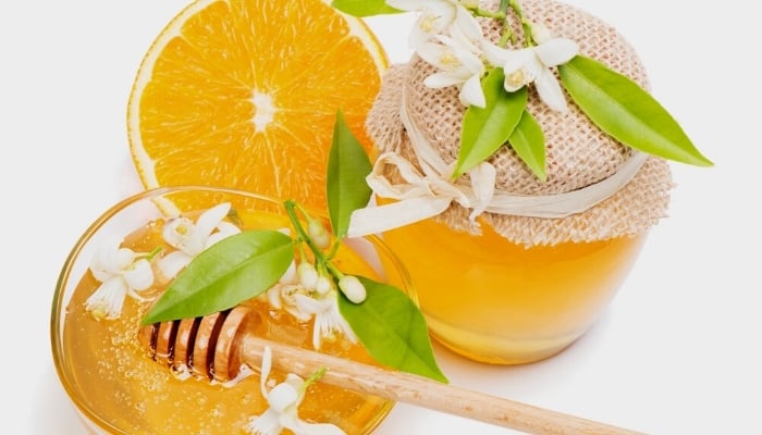 Fresh honey with orange slices and white flowers against a white background.