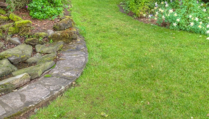 A garden border made of flagstone and concrete.