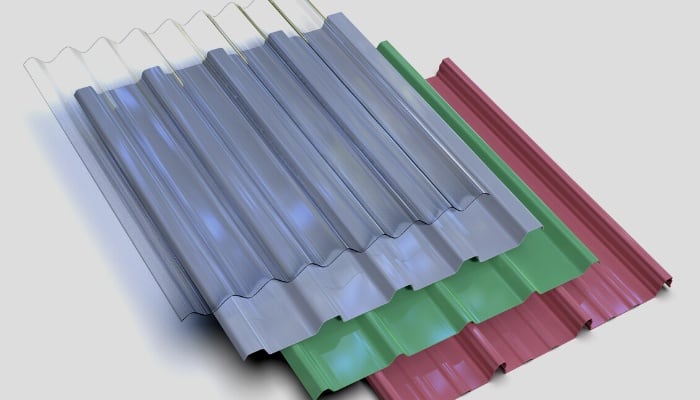 Four sheets of polycarbonate roofing panels in assorted colors.