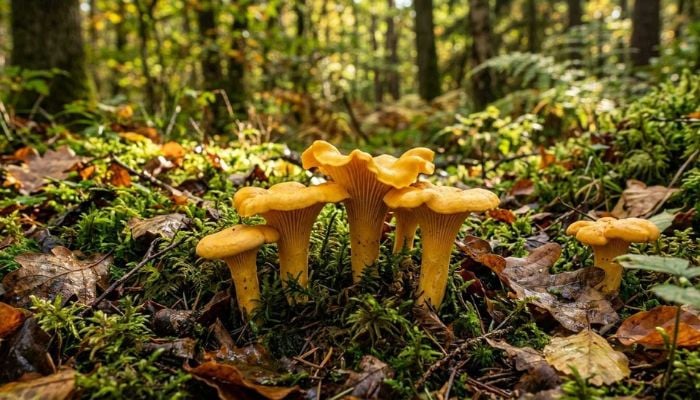 A group of chanterelle mushrooms in the woods.