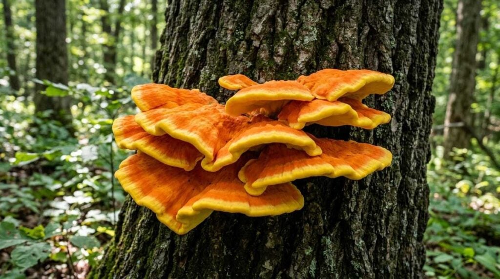 chicken-of-the-woods on fallen tree chicken-of-the-woods on fallen tree