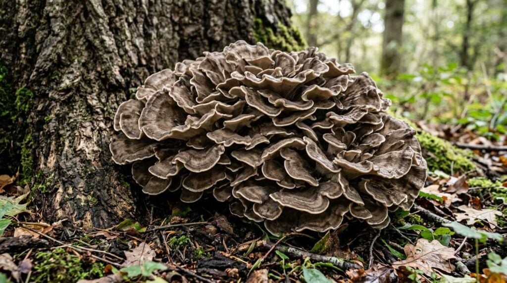 Hen of the woods at the base of a tree near the ground.