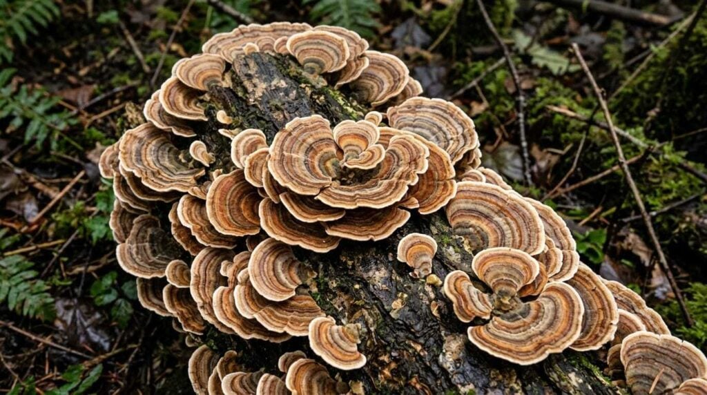 Turkey tail mushroom on fallen log in the forest