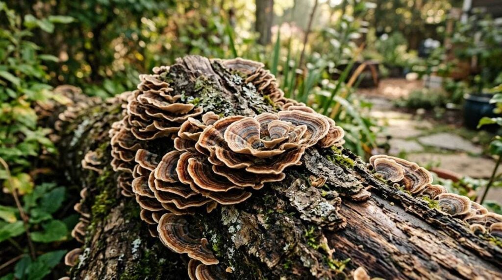 turkey tail mushroom on a fallen tree